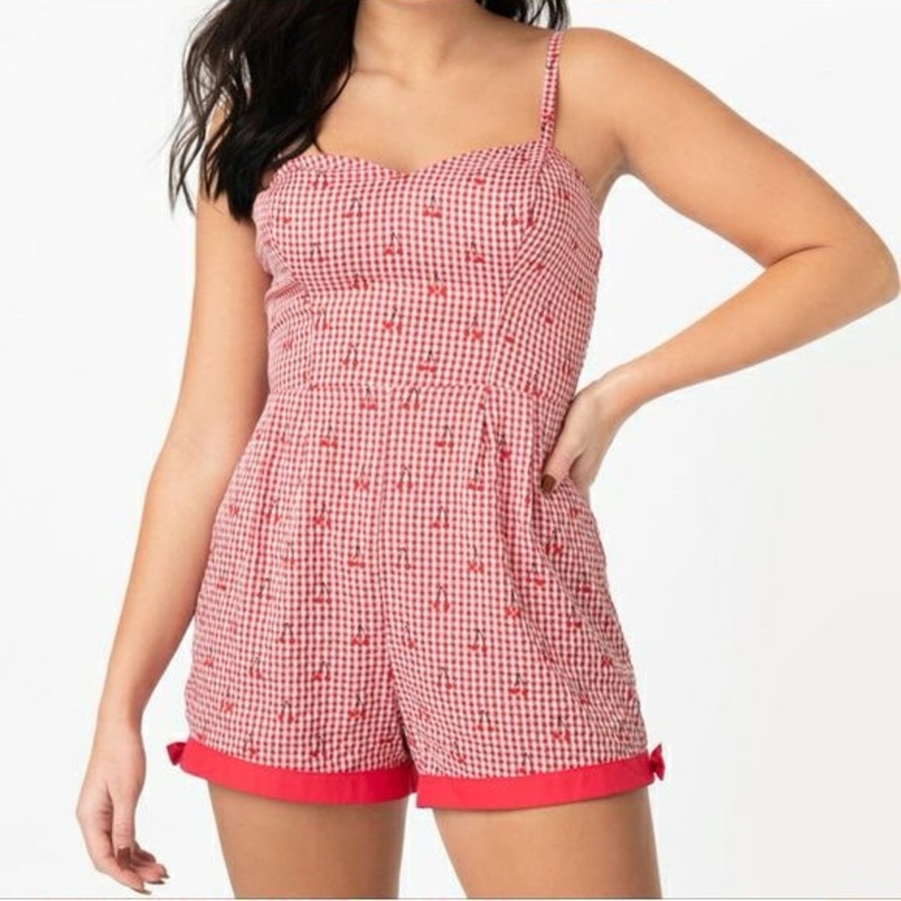 Unique Vintage Cherry Red Gingham Romper